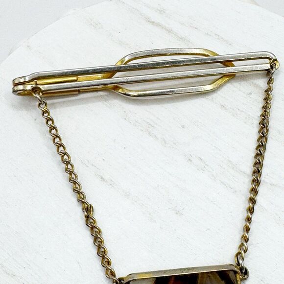 Montana Moss Agate Chain Tie Clip Tie Keeper Nu-Lok Vintage MCM Gold Tone - Picture 8 of 8